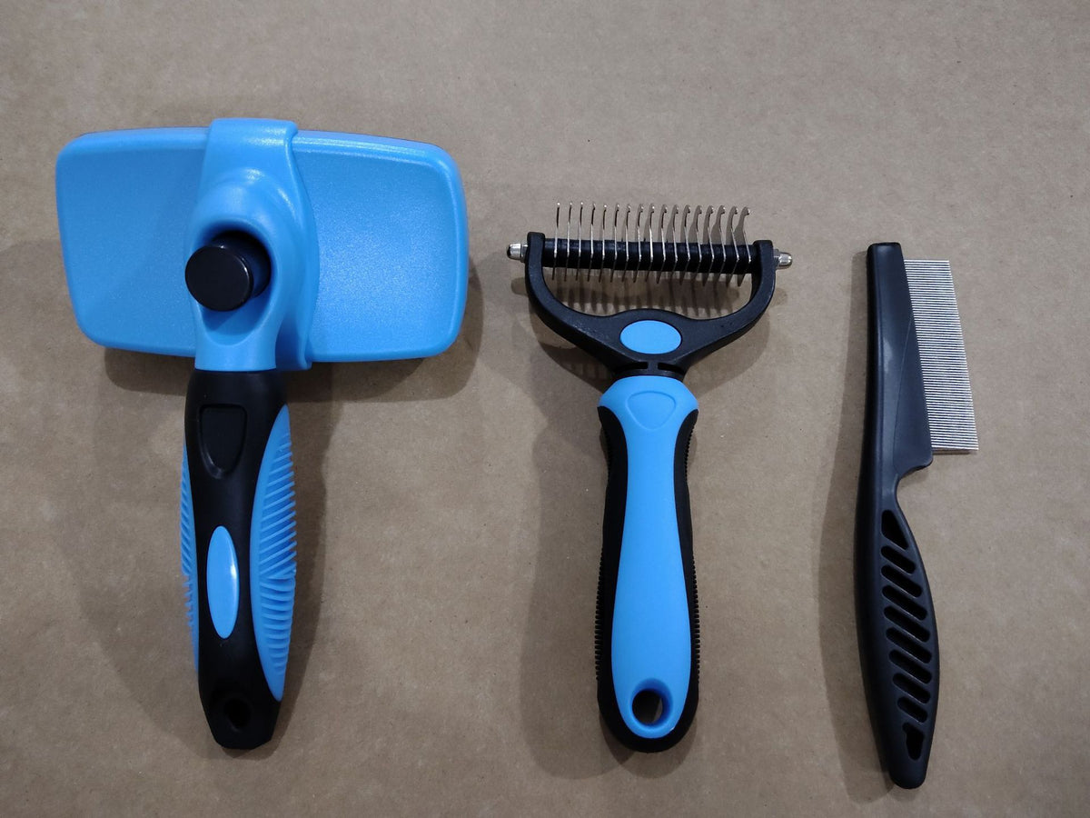 Ultimate 3-in-1 Pet Grooming Kit | Self-Cleaning Slicker Brush, Dematting Rake & Flea Comb