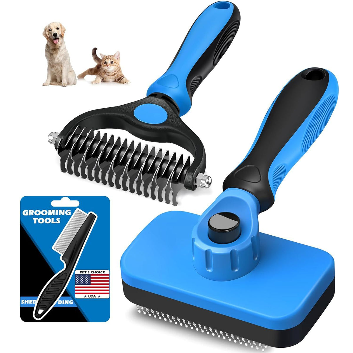 Ultimate 3-in-1 Pet Grooming Kit | Self-Cleaning Slicker Brush, Dematting Rake & Flea Comb